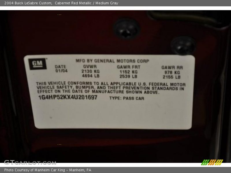 Cabernet Red Metallic / Medium Gray 2004 Buick LeSabre Custom