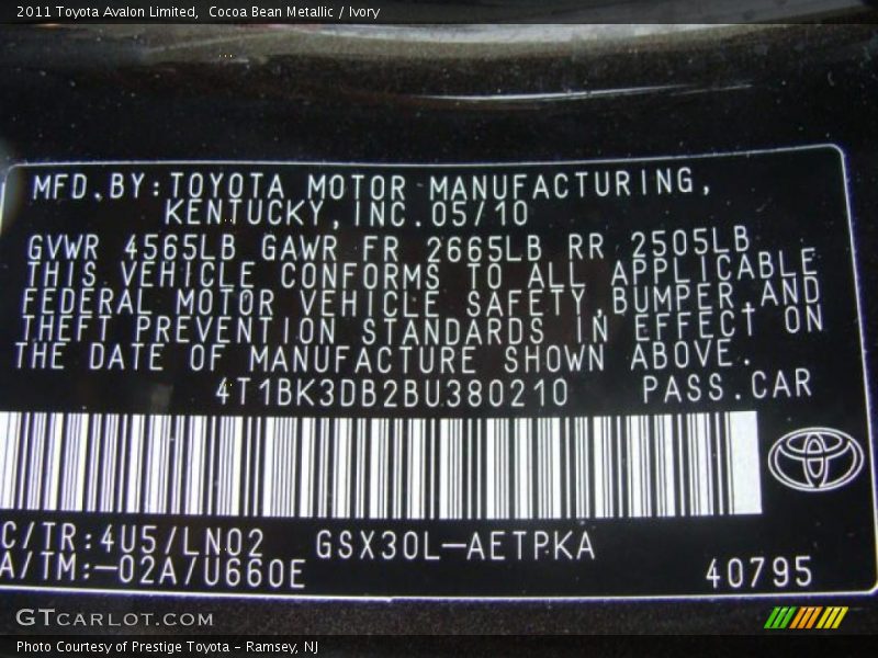 Info Tag of 2011 Avalon Limited