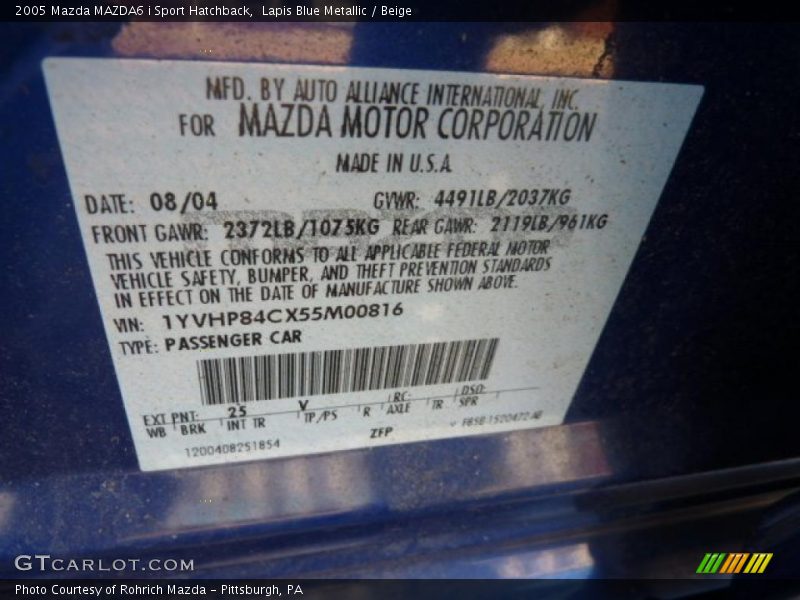 2005 MAZDA6 i Sport Hatchback Lapis Blue Metallic Color Code 25
