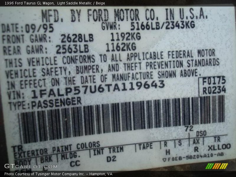 1996 Taurus GL Wagon Light Saddle Metallic Color Code TR