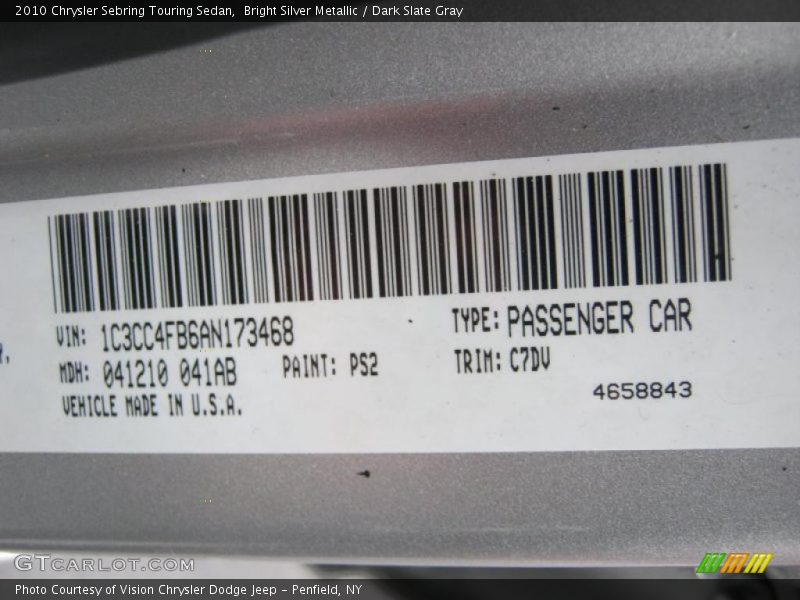 Bright Silver Metallic / Dark Slate Gray 2010 Chrysler Sebring Touring Sedan