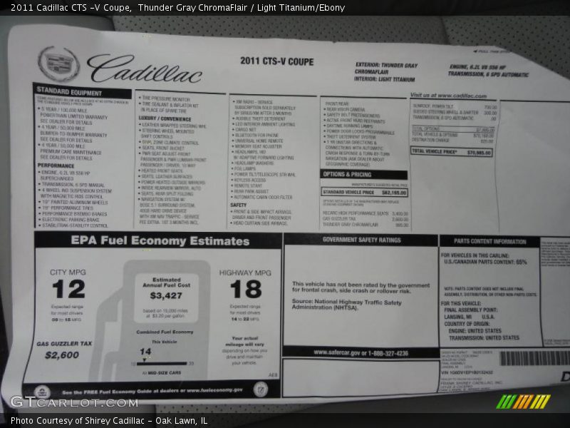  2011 CTS -V Coupe Window Sticker