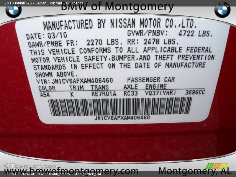 Vibrant Red / Stone 2010 Infiniti G 37 Sedan