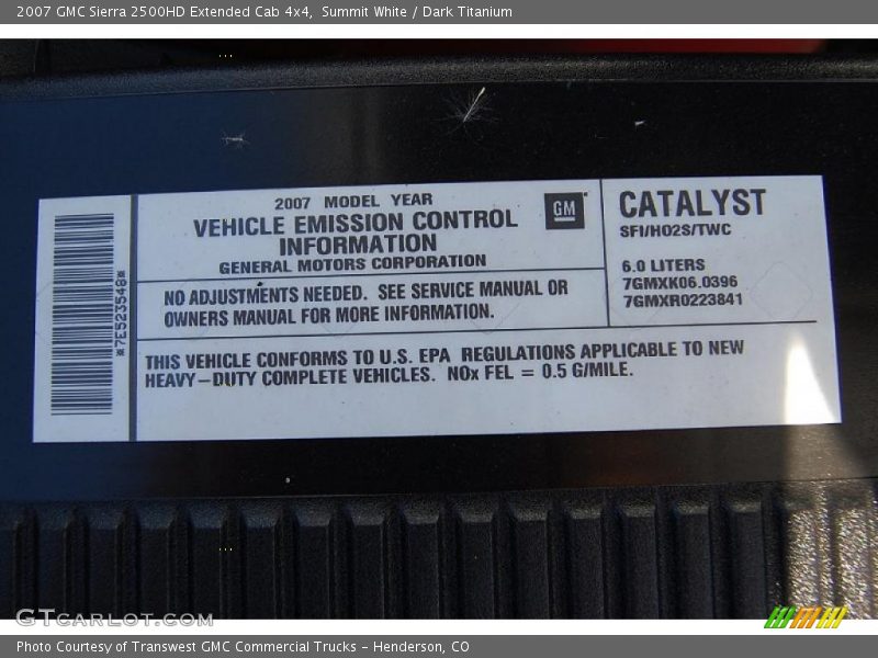 Info Tag of 2007 Sierra 2500HD Extended Cab 4x4