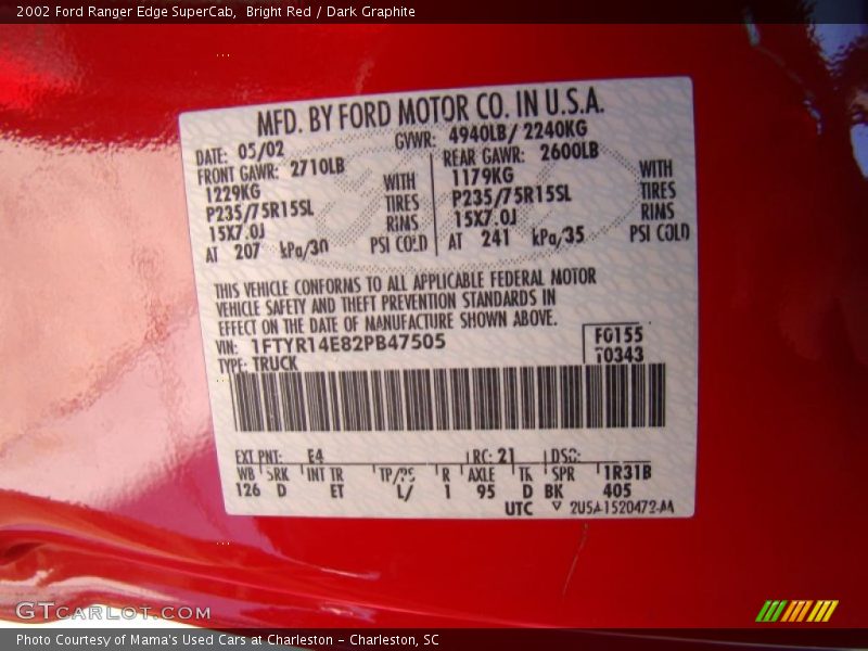 2002 Ranger Edge SuperCab Bright Red Color Code E4