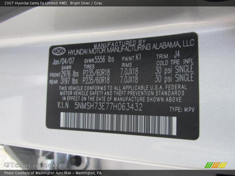 Bright Silver / Gray 2007 Hyundai Santa Fe Limited 4WD