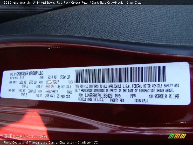 Red Rock Crystal Pearl / Dark Slate Gray/Medium Slate Gray 2010 Jeep Wrangler Unlimited Sport