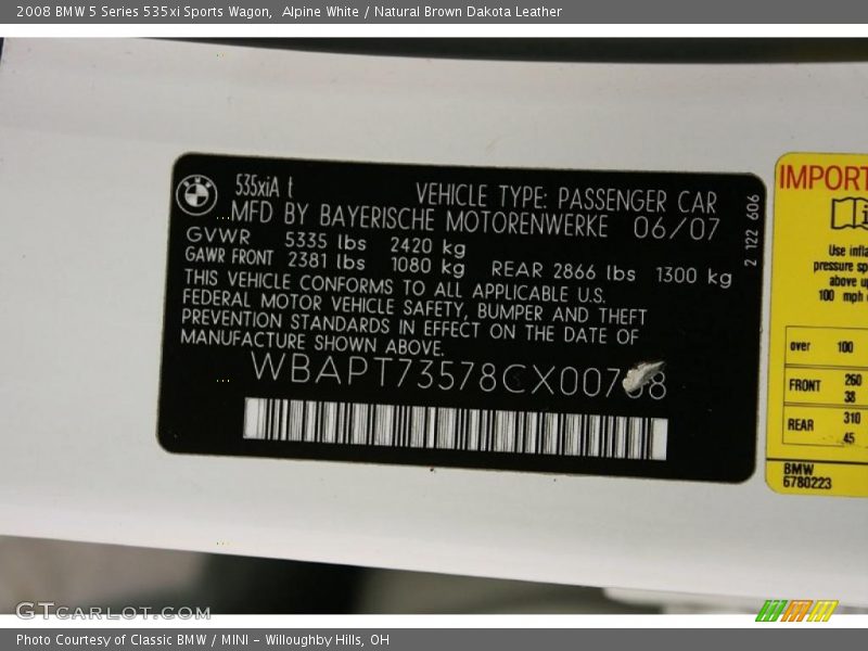 Info Tag of 2008 5 Series 535xi Sports Wagon