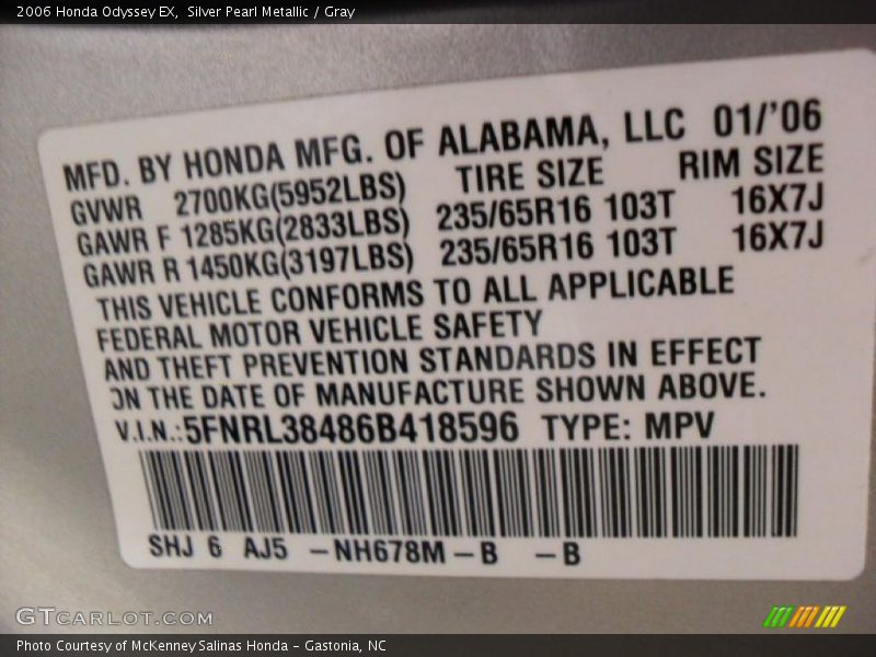 Silver Pearl Metallic / Gray 2006 Honda Odyssey EX