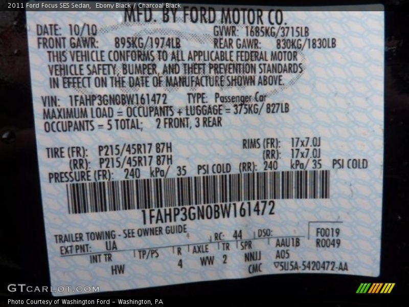Ebony Black / Charcoal Black 2011 Ford Focus SES Sedan