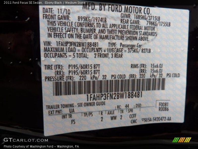 Ebony Black / Medium Stone 2011 Ford Focus SE Sedan