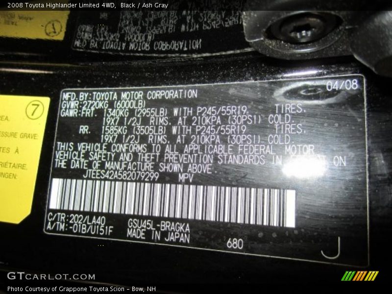 Black / Ash Gray 2008 Toyota Highlander Limited 4WD