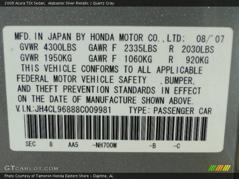 Alabaster Silver Metallic / Quartz Gray 2008 Acura TSX Sedan