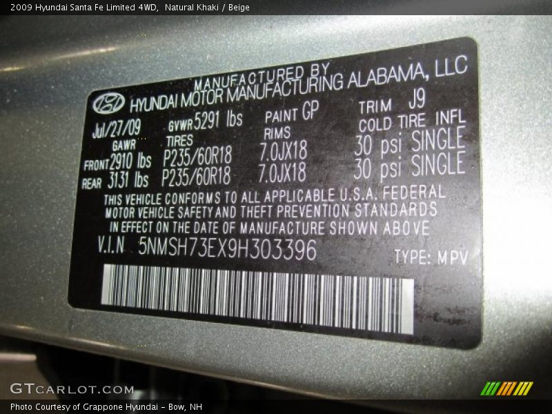 2009 Santa Fe Limited 4WD Natural Khaki Color Code GP
