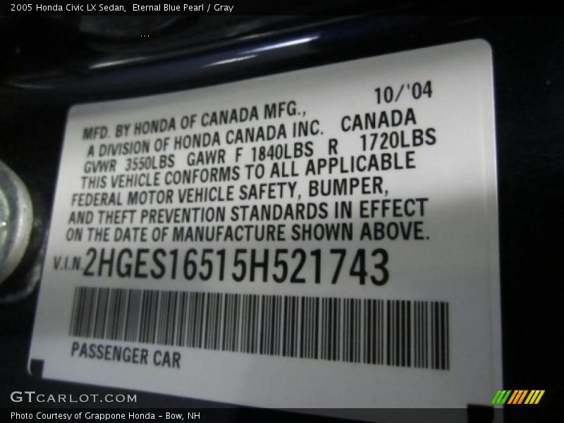 Eternal Blue Pearl / Gray 2005 Honda Civic LX Sedan