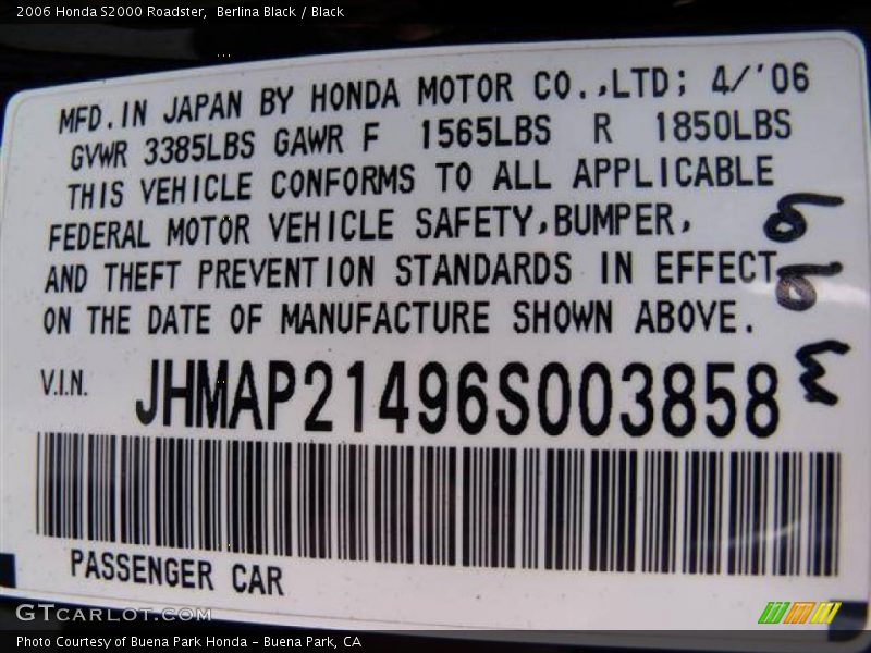 Info Tag of 2006 S2000 Roadster
