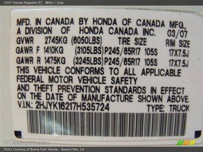 White / Gray 2007 Honda Ridgeline RT
