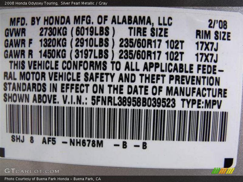 2008 Odyssey Touring Silver Pearl Metallic Color Code NH678M