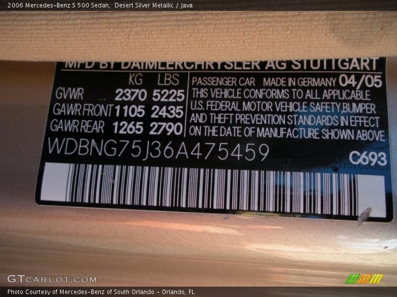2006 S 500 Sedan Desert Silver Metallic Color Code 693