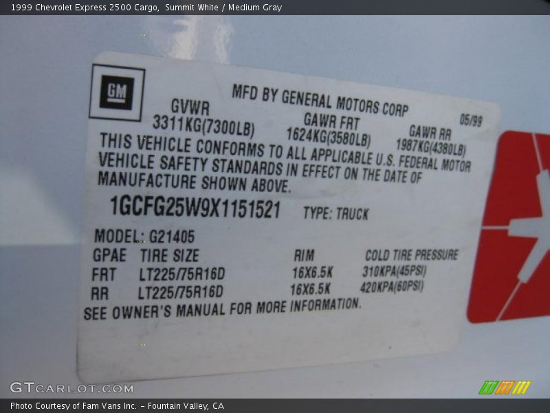 Summit White / Medium Gray 1999 Chevrolet Express 2500 Cargo