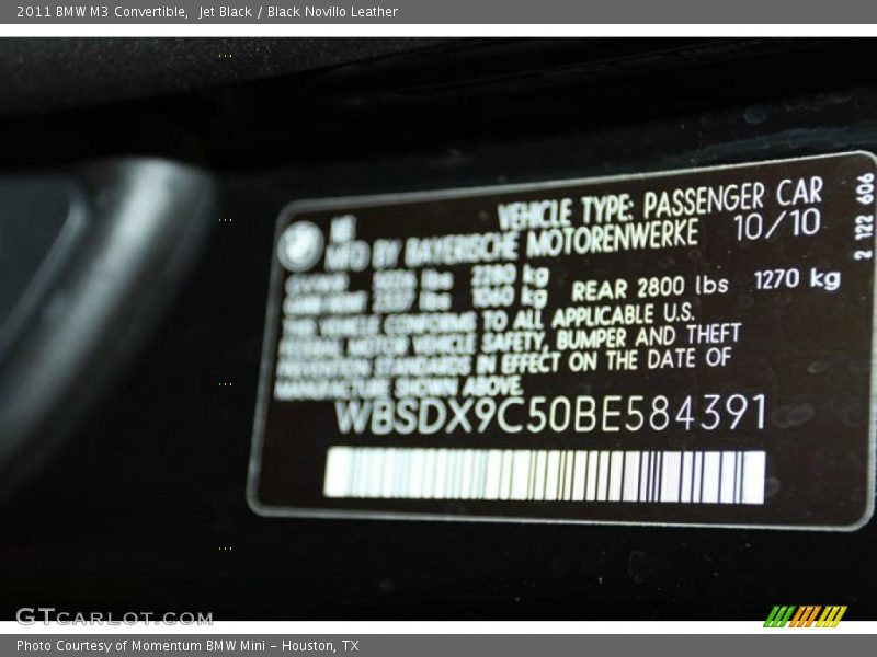 Jet Black / Black Novillo Leather 2011 BMW M3 Convertible