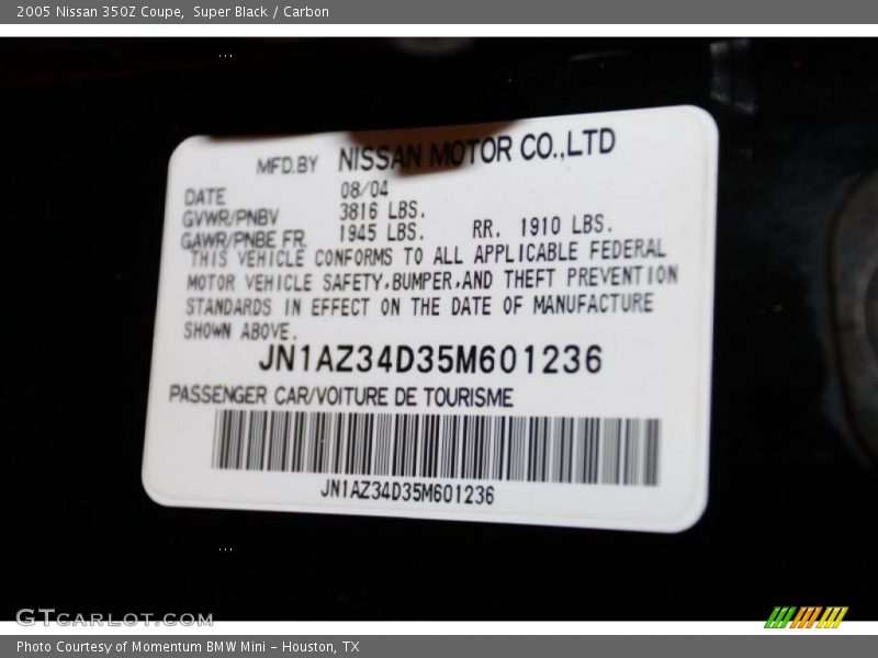 Info Tag of 2005 350Z Coupe