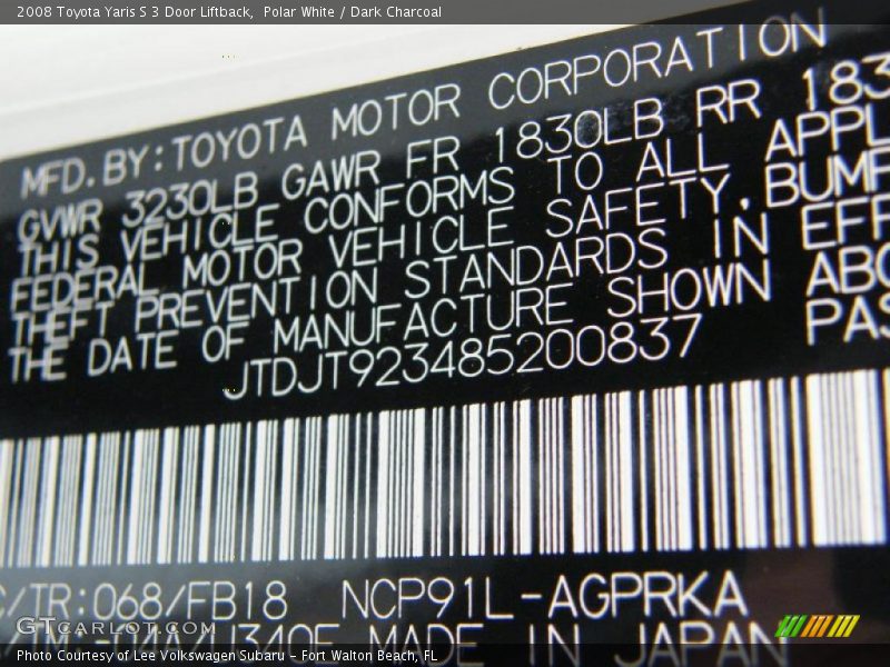 Polar White / Dark Charcoal 2008 Toyota Yaris S 3 Door Liftback