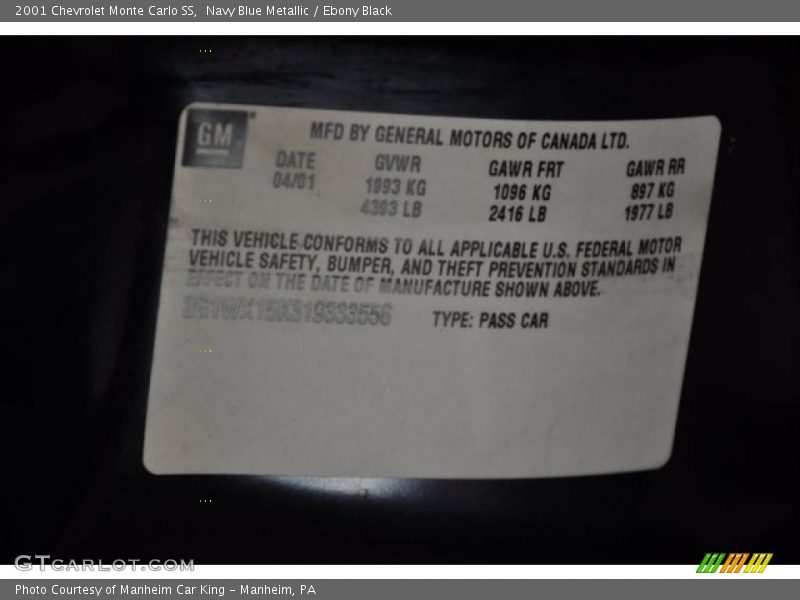 Navy Blue Metallic / Ebony Black 2001 Chevrolet Monte Carlo SS