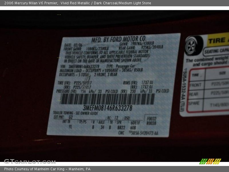 Vivid Red Metallic / Dark Charcoal/Medium Light Stone 2006 Mercury Milan V6 Premier
