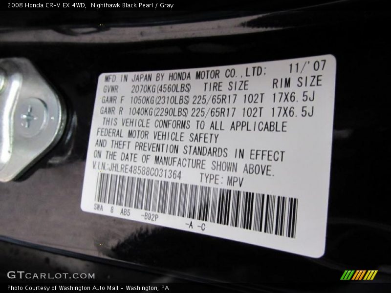 Nighthawk Black Pearl / Gray 2008 Honda CR-V EX 4WD