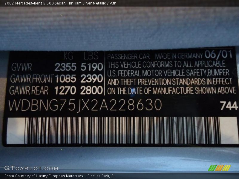 2002 S 500 Sedan Brilliant Silver Metallic Color Code 744