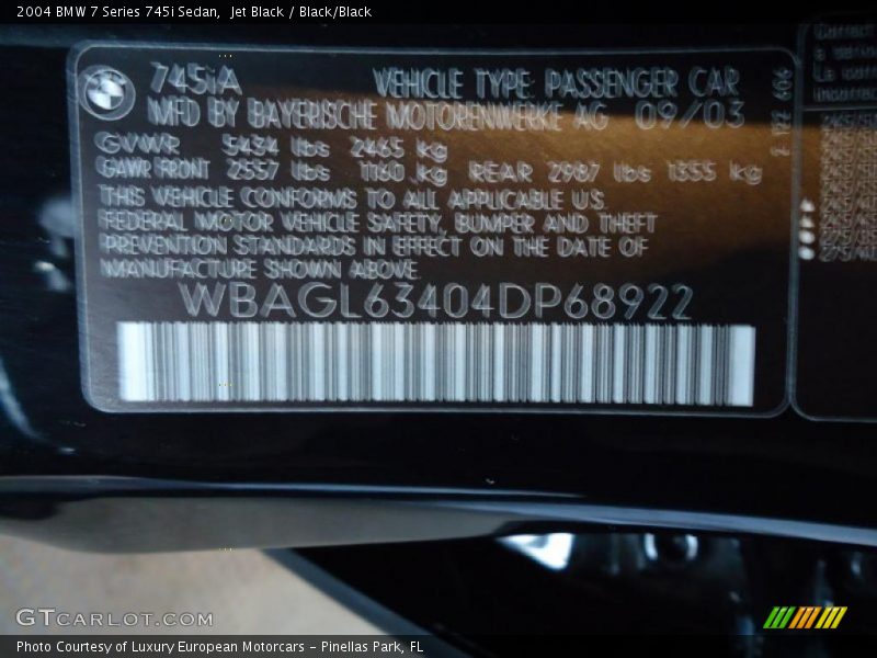 Jet Black / Black/Black 2004 BMW 7 Series 745i Sedan