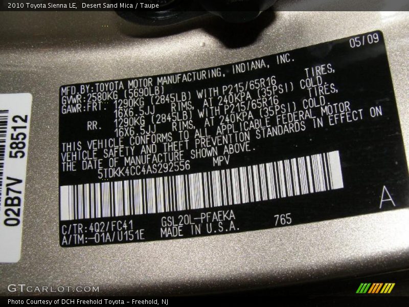 Desert Sand Mica / Taupe 2010 Toyota Sienna LE