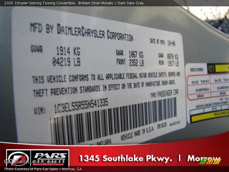 Brilliant Silver Metallic / Dark Slate Gray 2005 Chrysler Sebring Touring Convertible