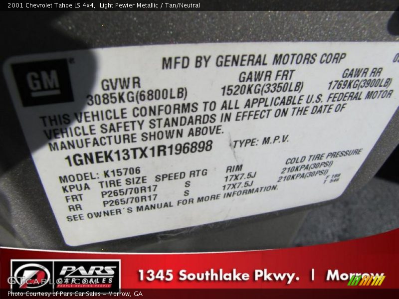 Light Pewter Metallic / Tan/Neutral 2001 Chevrolet Tahoe LS 4x4