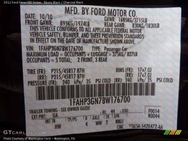 Ebony Black / Charcoal Black 2011 Ford Focus SES Sedan