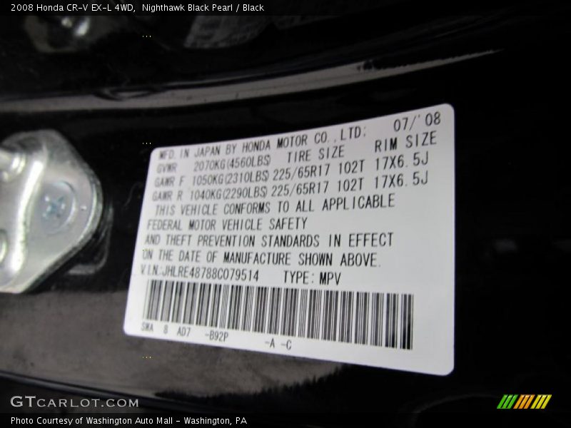 Nighthawk Black Pearl / Black 2008 Honda CR-V EX-L 4WD