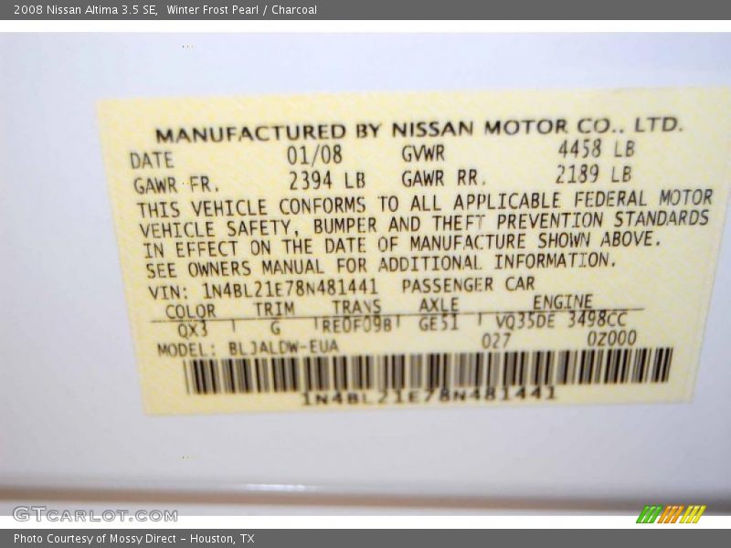 Winter Frost Pearl / Charcoal 2008 Nissan Altima 3.5 SE