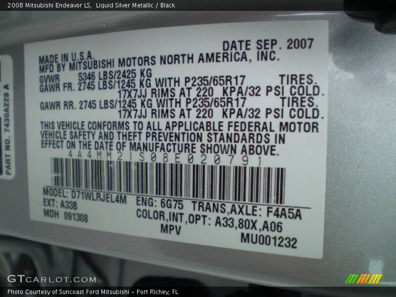 Liquid Silver Metallic / Black 2008 Mitsubishi Endeavor LS