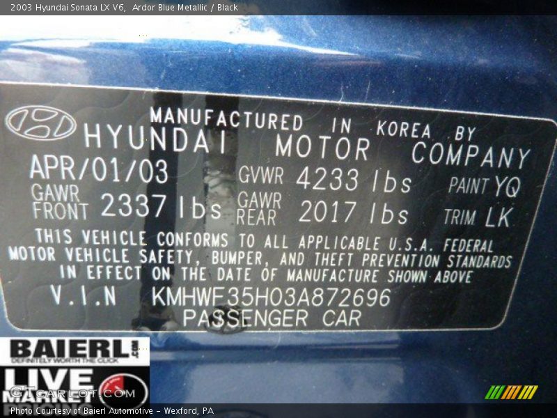 Ardor Blue Metallic / Black 2003 Hyundai Sonata LX V6
