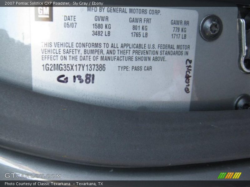 Info Tag of 2007 Solstice GXP Roadster