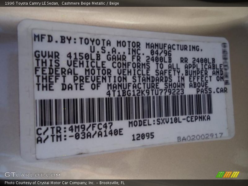 Cashmere Beige Metallic / Beige 1996 Toyota Camry LE Sedan