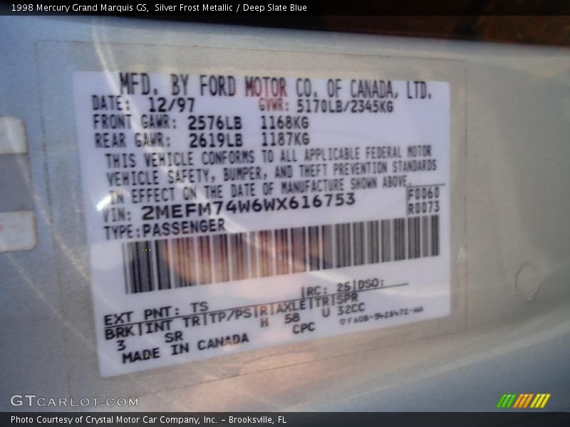 1998 Grand Marquis GS Silver Frost Metallic Color Code TS