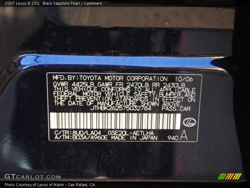 Black Sapphire Pearl / Cashmere 2007 Lexus IS 250