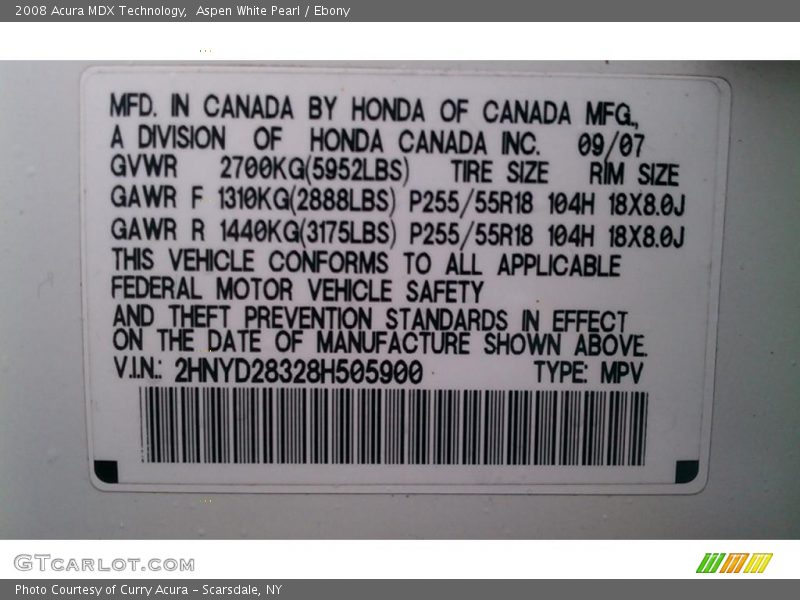 Aspen White Pearl / Ebony 2008 Acura MDX Technology
