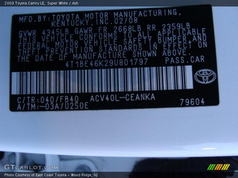 Super White / Ash 2009 Toyota Camry LE