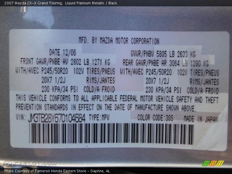Liquid Platinum Metallic / Black 2007 Mazda CX-9 Grand Touring