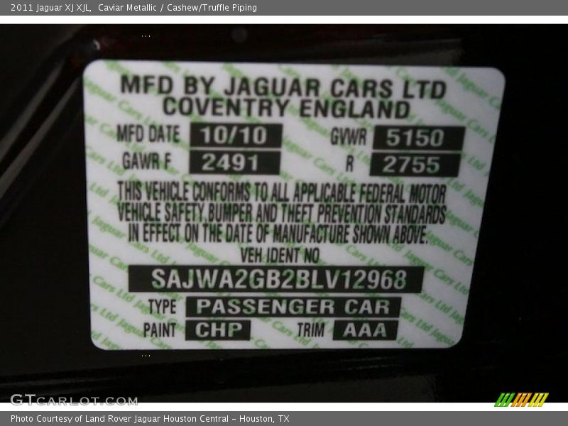 Info Tag of 2011 XJ XJL