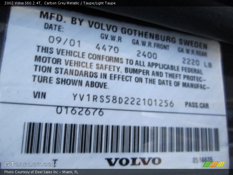 Carbon Grey Metallic / Taupe/Light Taupe 2002 Volvo S60 2.4T