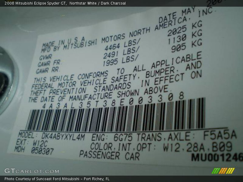 Northstar White / Dark Charcoal 2008 Mitsubishi Eclipse Spyder GT